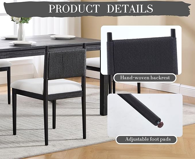 CIMOTA Black Dining Chairs Set of 6, Mid Century Modern Upholstered Dining Room Chairs with Woven Back, Armless Kitchen Chairs with Solid Wood Legs,Linen Beige