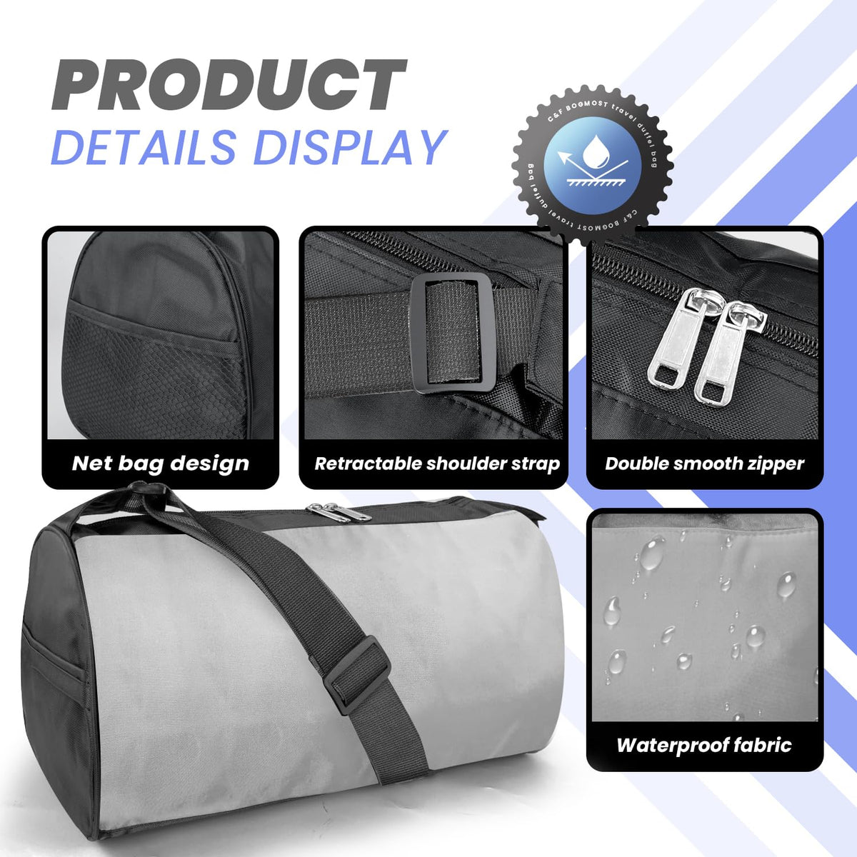 C&F BOGMOST Small Travel Duffel Bag Foldable Waterproof Gym Bag for Gym Beach Swim Bag Men Women Duffle Bag Lightweight Oxford Cloth Sports Bag-Grey