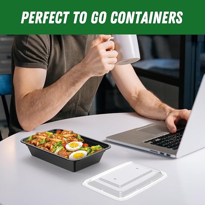 50 Pack (100-Piece) 32 oz Meal Prep Containers Reusable with Easy Open Lids, Sturdy Leakproof Food Safe, Microwave Freezer Dishwasher Safe, To Go Take Out Plastic Food Storage Pans with Lids, Black