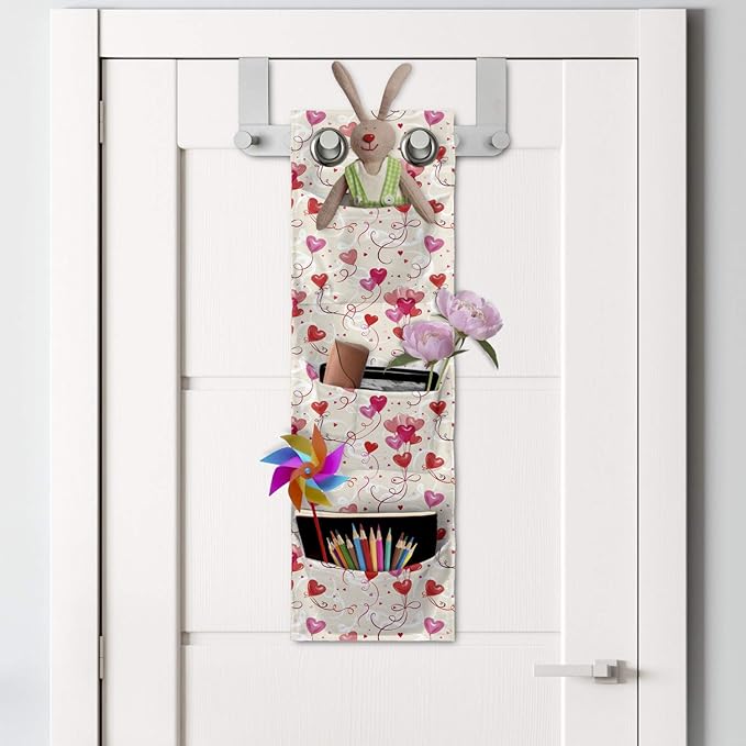 Ambesonne Valentine's Day Hanging Pocket Organizer, Print of Heart Shaped Balloons Flying Up with Mini Hearts, Printed Polyester Storage Bag with Pockets, 9" x 27", Eggshell Vermilion