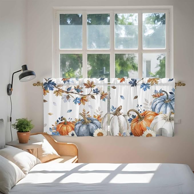 Navy Blue Pumpkin Fall Kitchen Tier Curtains 36 Inch Long 2 Panel Set, Rod