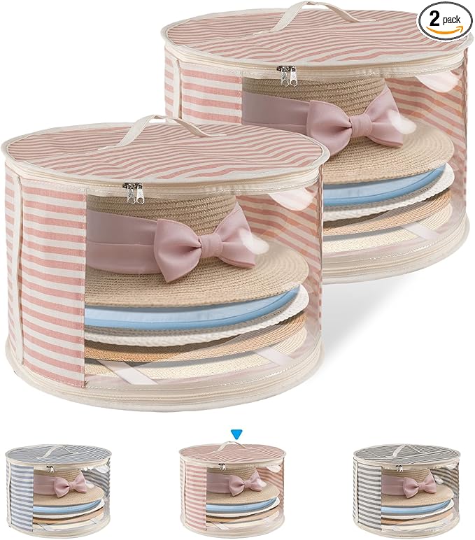2 Pack Hat Storage Box with Clear Window, Holds up to 7 Caps Cowboy Hat Organizer Bag for Closet for Wide Brim Hats with Carrying Handles, Pink
