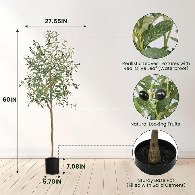 ANTING 5FT Artificial Olive Tree - Large Fake Plant with 792Leaves and 44Fruits - Silk Plants for Home Decor Indoor - 2 Pack