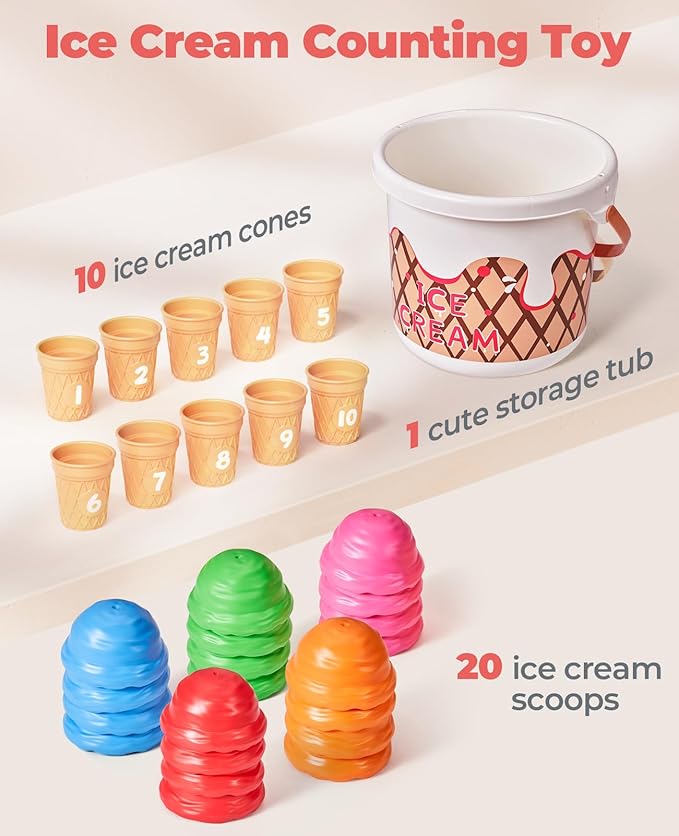 JoyCat Ice Cream Preschool Learning Activities Counting and Color Sorting Set Stacking Toys for Kids 1-5, Educational Fine Motor Skills Toys, 30PCS Math Manipulatives, Easter Basket Stuffers