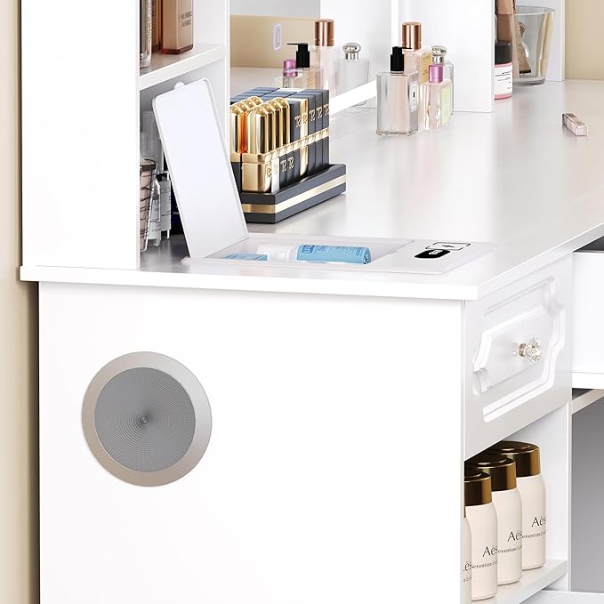 Vanity Desk with Mirror and Lights,Makeup Vanity Desk with Facial Mask Box, Dressing Table with Bluetooth Speaker, Makeup Vanity Set with Wireless Charger, 9 Drawers and 10 Shelves (White)
