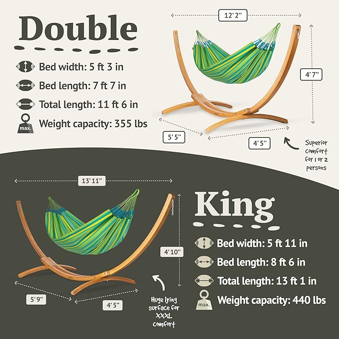 LA SIESTA® - Large Double Brisa Classic Hammock & Elipso Stand - Larch Wood Hammock Stand - Weather & Tear Resistant - Backyard Outdoor Hammock with Stand - 2-Person, Max 355 Lbs, Lime