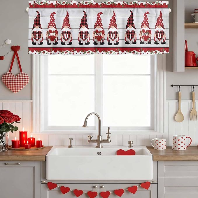 I Love U Valance Curtains for Kitchen, Valentine's Day Dwarf Romantic Wood