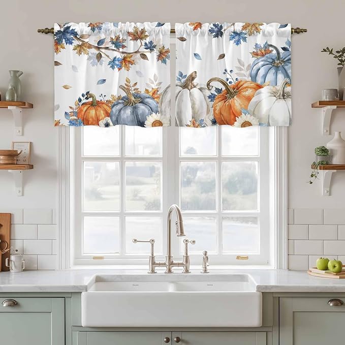 Navy Blue Pumpkin Fall Kitchen Tier Curtains 24 Inch Long 2 Panel Set, Rod