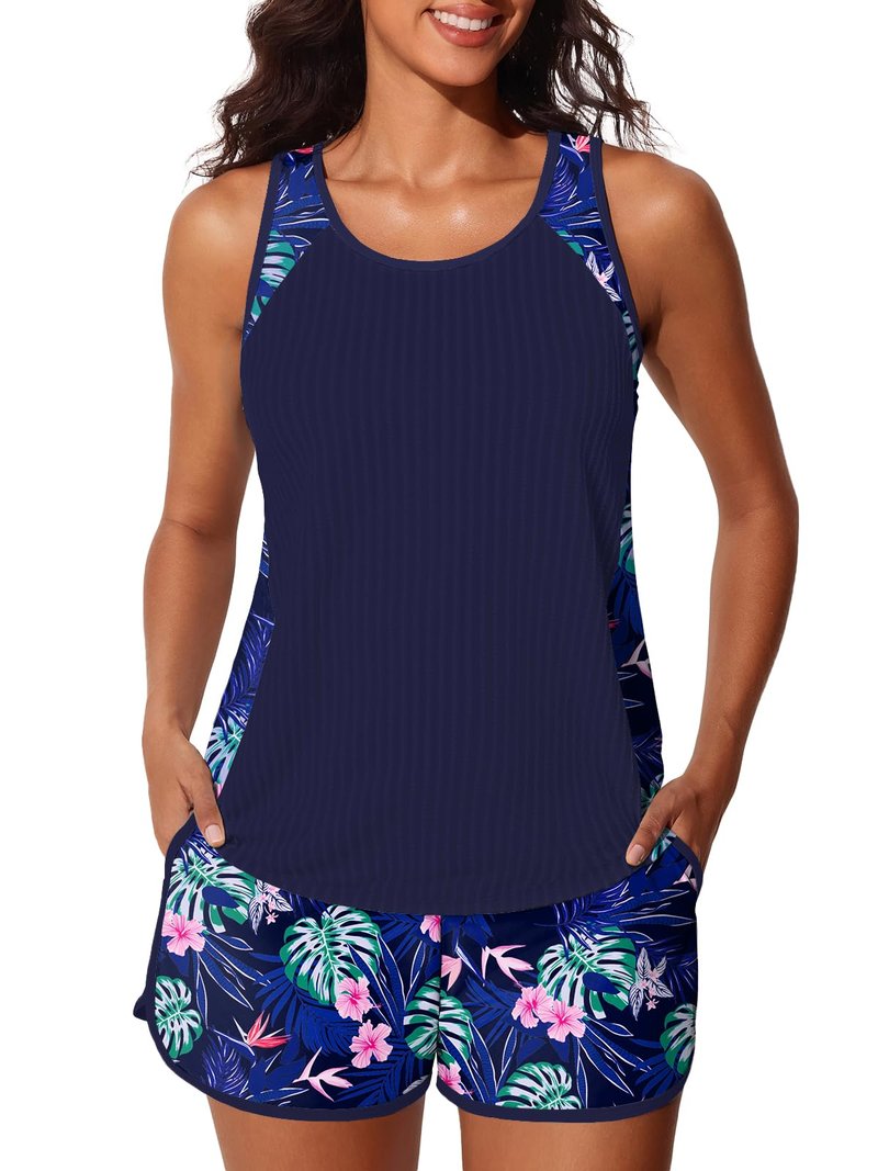 Summer Mae Modest Tankini Swimsuits for Women 2026 Textured Ribbed Bathing Suits Tummy Control Swim Shorts with Pockets Monstera Leaf Pattern Size 14