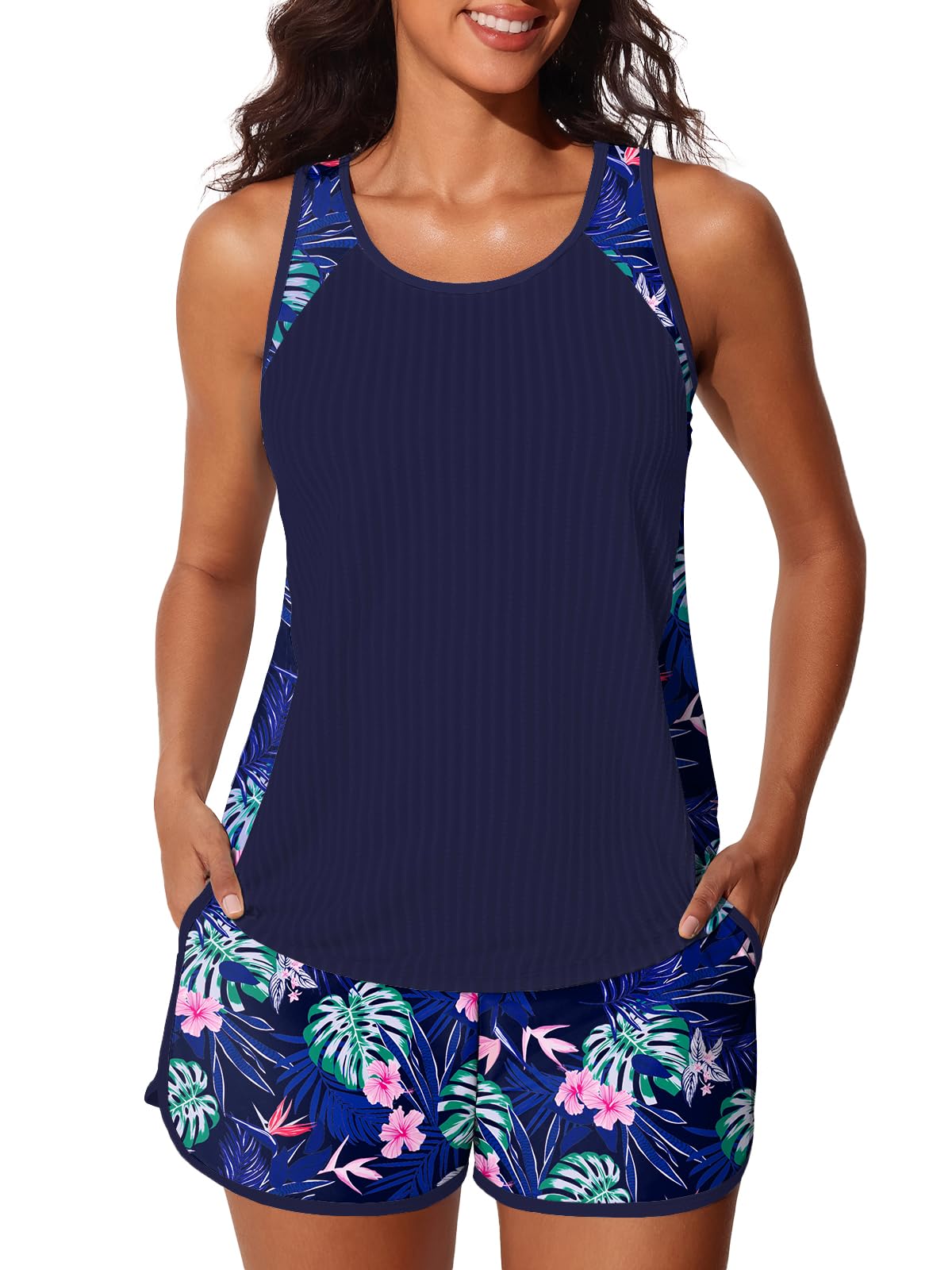 Summer Mae Modest Tankini Swimsuit with Shorts Monstera Leaf Pattern 16