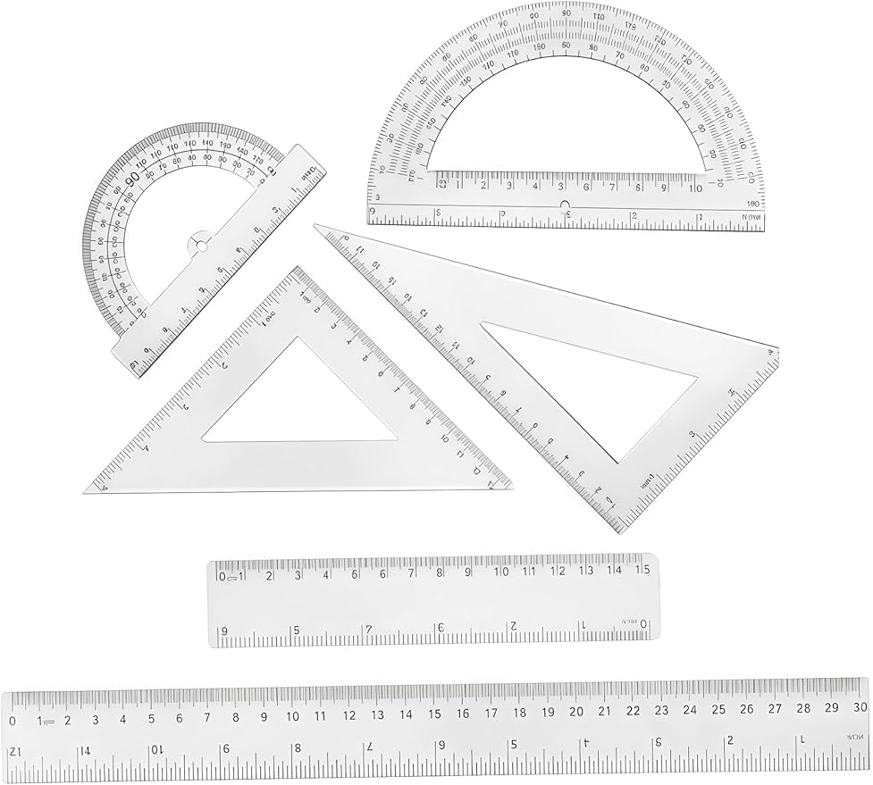 6 Pcs Plastic Ruler Math Set, Transparent Straight Protractor Triangle Measuring Tools, Geometry Ruler for School Office Home/Students(Clear)