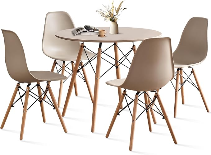 35.5'' 5 Piece Round Dining Table Set for 4, Mid-Century Modern Table with Chairs, Space Saving, Plastic Seats, Wood Legs, Circle Dinner Table for Kitchen, Home, Apartment, Khaki