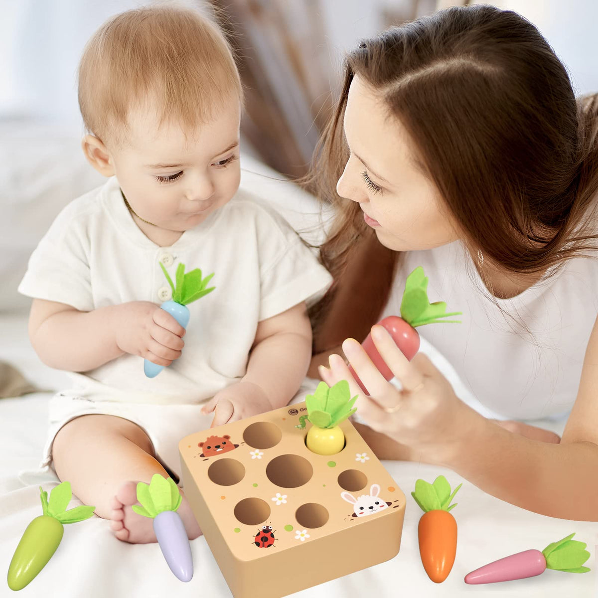 KMTJT Montessori Toys for 2 3 Year Old Toddlers, Macron Carrot Harvest Game Wooden Toys for Baby Boys and Girls, Educational Learning Shape Sorting Matching Gifts for Babies