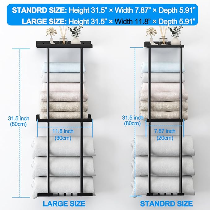 Towel Rack for Bathroom, Wall Mounted Vertical Rolled Towel Storage Organizer Holder with Shelf, Holds Up 6 Large Bath Sheets, Black Large Size