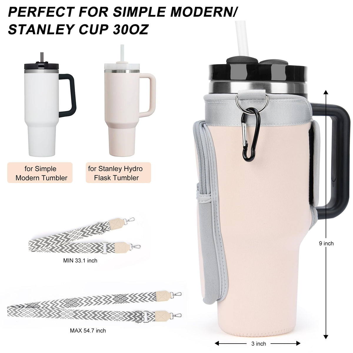 Sernaxi Water Bottle Carrier Bag with Strap for Stanley 40/30 oz Tumbler with Handle, Water Bottle Holder Pouch with Phone Pocket for Stanley Cup Accessories, fit Walking Hiking Travel