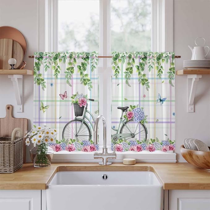 Spring Tier Curtains, Bicycles Botanical Leaves Rose Colorful Stripes Light