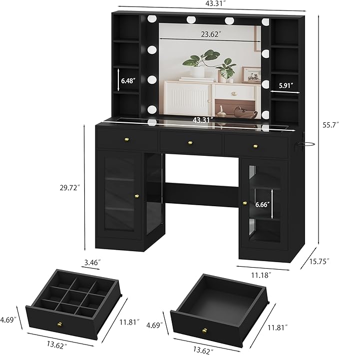 Black Vanity Desk with Mirror and Lights, Glass Top Vanity with Lighted Mirror & RGB Glass Cabinet and 3 Drawers, Makeup Vanity Desk with Lights Dressing Table for Bedroom, 3 Color Modes