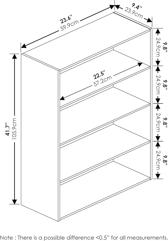 Furinno PASIR Book Shelf, 4-Tier Bookshelf, Bookcase with Open Shelf, 9.4 x 23.6 x 41.7, for Living Room, Bedroom, Home Office, White