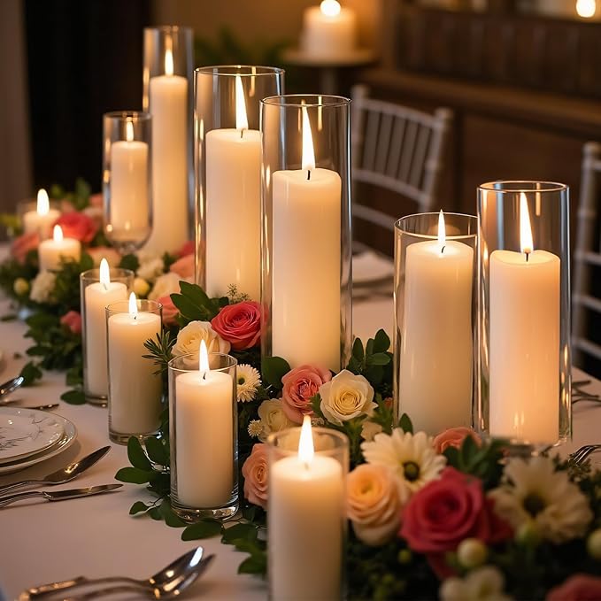 12 PCS White Pillar Candles with Glass Candle Holders Clear Hurricane Candle Holders Glass Cylinder Vases for Centerpieces Wedding Party, Event, Home Office (6 Candles+6 Candle Hoders)