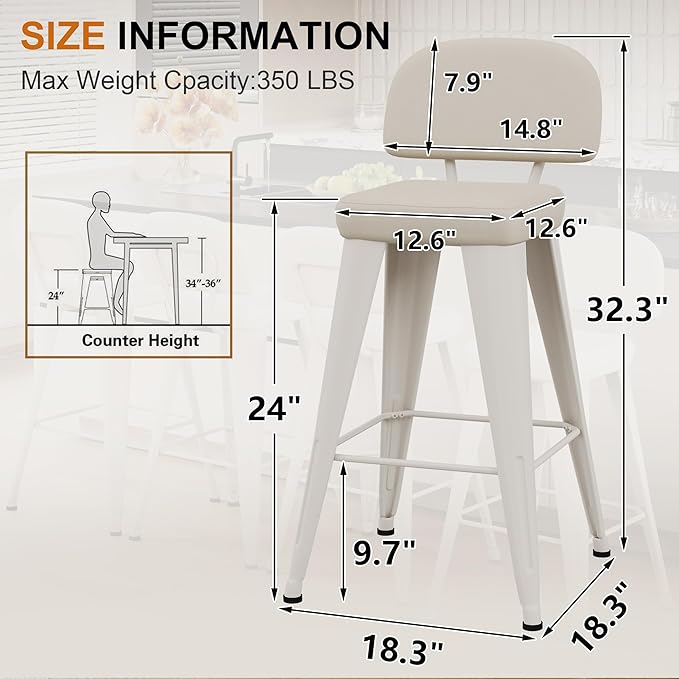 Aklaus PU Leather Metal Bar Stools 24 inch Faux Leather Counter Height Barstools Set of 4 Modern Farmhouse Bar Chairs with High Backs and Faux Leather Seat for Kitchen Island Dining Room Off White