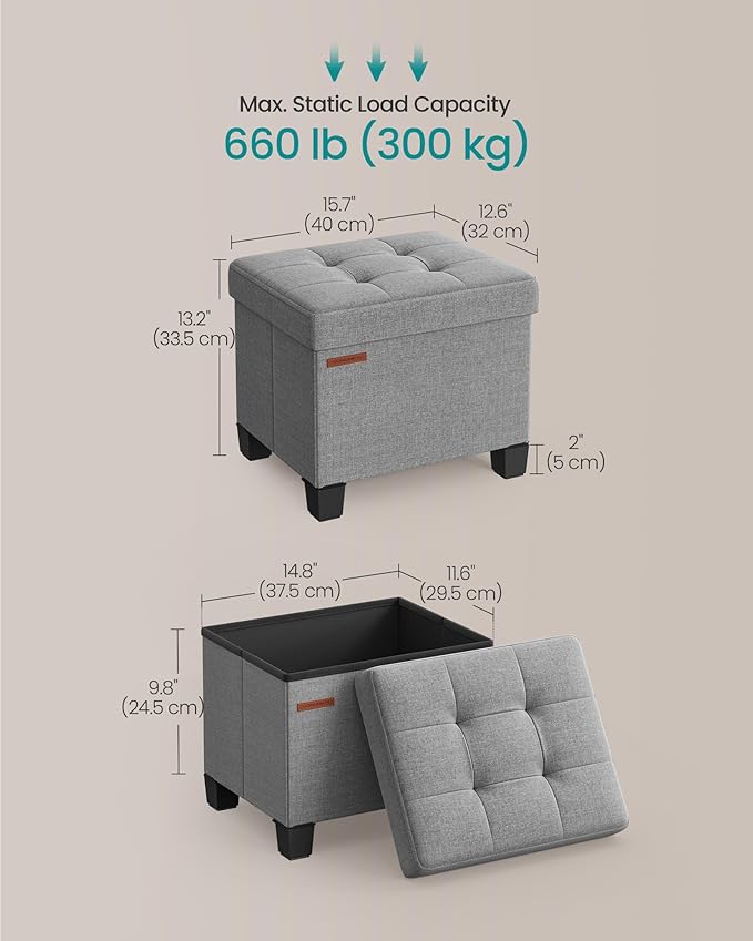 SONGMICS Storage Ottoman, Small Ottoman Foot Rest with Legs, 12.6 x 15.7 x 13.2 Inches Foot Stool, Load up to 660 lb, for Living Room, Bedroom, Dorm, Dove Gray ULSF012G02