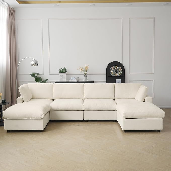 JACH U Shape Sectional Couches for Living Room, Modular Sofa with Chaise Ottomans, Cloud Sectional Couch, Sofa Covers Washable, Minimalist Couch for Living Room, Apartment, Beige