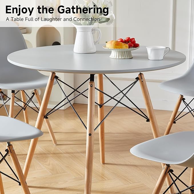 Round Dining Table Set for 4 35.5" Wood Dinner Table Circle Dining Table Kitchen Table Chairs Set of 4 with Wood Strip Base for Kitchen Living Room Space Saving Apartment(Grey)