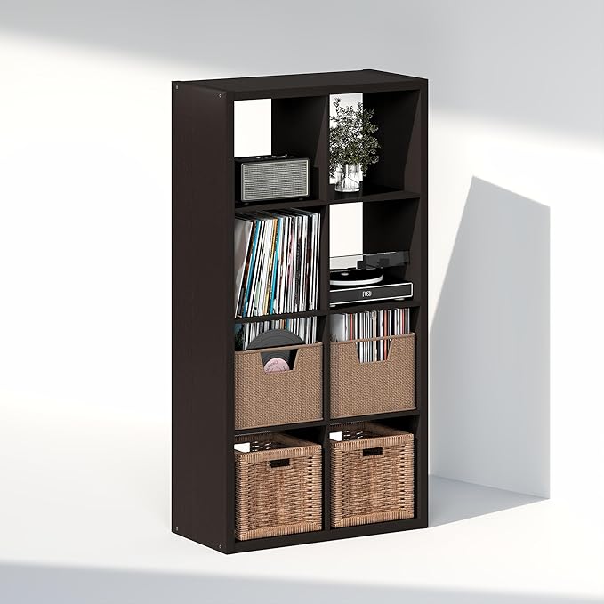 Furinno Cubicle Record Player Stand with Vinyl Storage, 8-Cube 1.2 Extra Thick Vinyl Record Storage, Open Back Media Shelf for CD DVD Blueray Game Disc, for Living Room, Home Office, Black Dark Oak