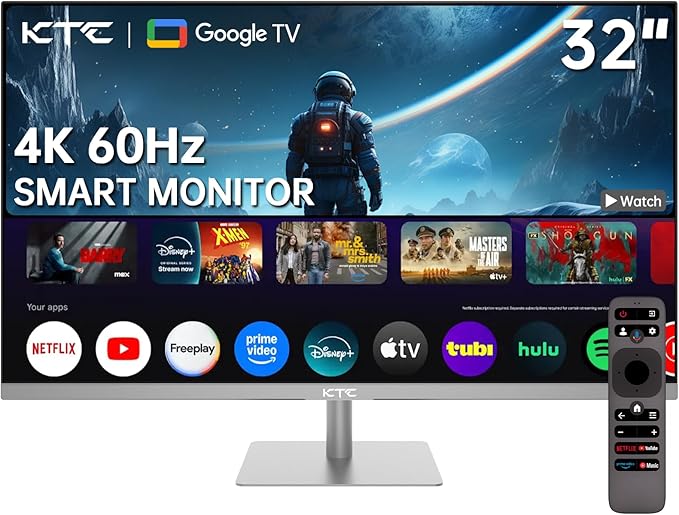KTC 32 Inch 4K Smart Monitor with Google TV System UHD 3440x2560P Hey Google Voice Remote Netflix Licensed Dolby Audio HDR KVM Technology WiFi Bluetooth 65W PD Type C Fast Charger VESA Support