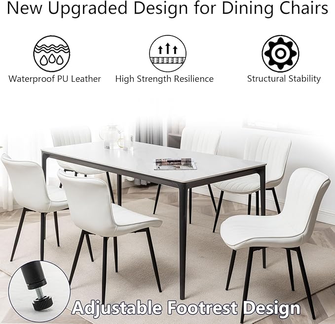 Leather Dining Chairs Set of 6, Upholstered Dining Room Chairs with Metal Legs, Modern Dining Chair for Dining Room, Kitchen (White)