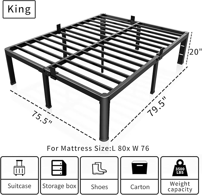 ROIL 20 Inch King Bed Frame with Rounded Corner and Headboard Hole Mattress Retainers 3500LBS Metal Heavy Duty Steel Slats No Box Spring Needed Platform Noise-Free Easy Assembly