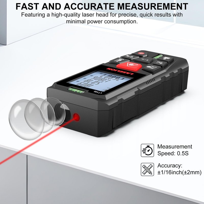 LT100 Laser Measure, 328ft/100m Laser Measurement Tool, with 2 Bubble Levels, Measuring Tool 4 Units Conversion、LCD Backlit Display, IP54 Waterproof, Pythagorean Mode for Distance, Area, Volume