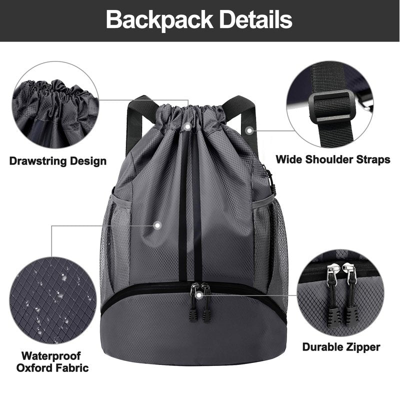 Hoedia Sports Drawstring Backpack - String Swim Gym Bag with Shoes Compartment and Wet Proof Pocket for Women and Men, Dark Grey