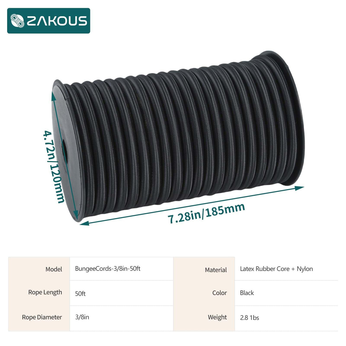 Zakous Strong and Durable Bungee Cord - 3/8" x 50ft Elastic Cord, Kayak Stretch String Rope, Bungee Shock Cords for Repairing Tent Poles, DIY, Tie Downs, Black