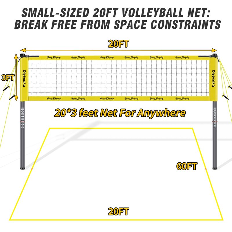 32ft / 20ft Portable Outdoor Volleyball Net Set for Grass Backyard Beach with 1.25" Height Adjustable Steel Poles, 28-ply Durable PE Net, PU Volleyball & Pump, Carry Bag (Yellow, 20ft)