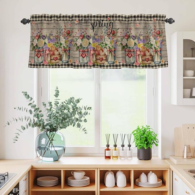 Kitchen Curtains Tiers and Valance Set of 3, Spring Flowers Light Filtering