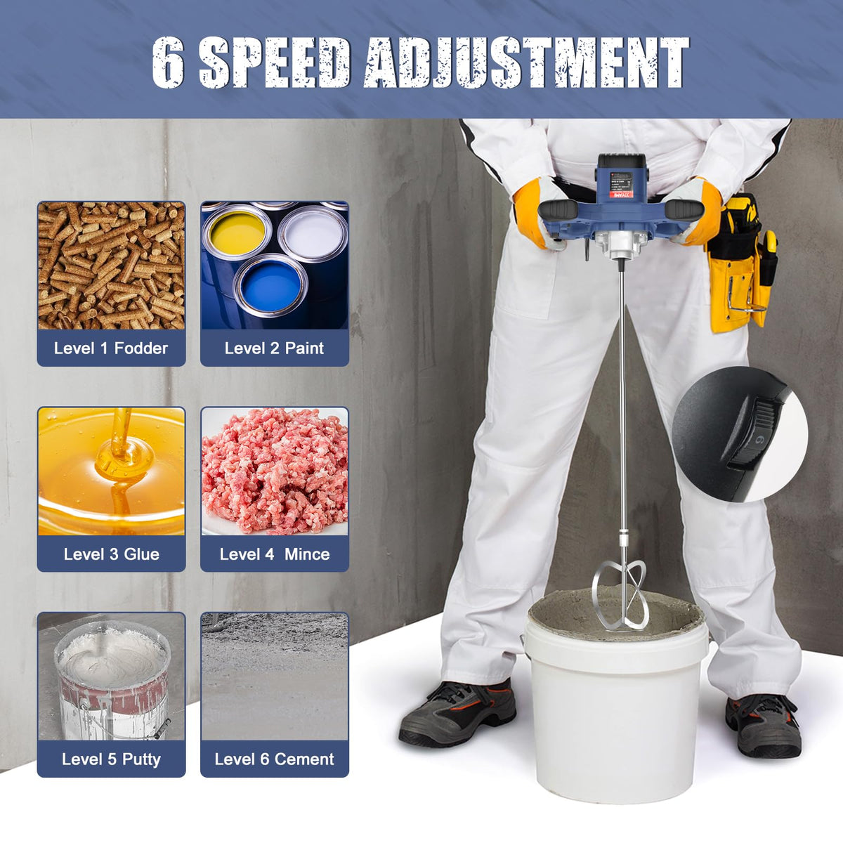 IMAYCC Handheld Cement Mixer, Portable Concrete Mixer,110V 6 Speed Mixing Drill, 2100W Drill Mixer for mud,Motar,Paint, Grout, Plaster,Thinset etc.
