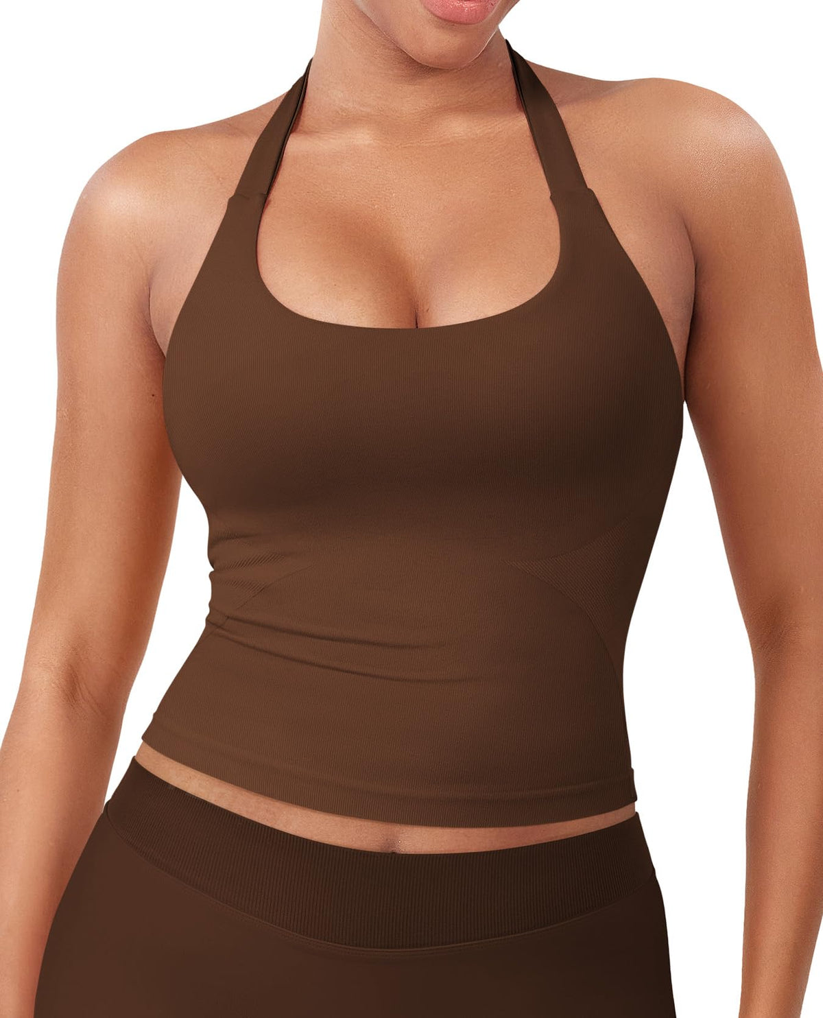 YEOREO SoftHue Women's Impact Halter Tank Top Longline Backless Scoop Neck Built-in Bra Sports Workout Gym Crop Top Deep Brown L