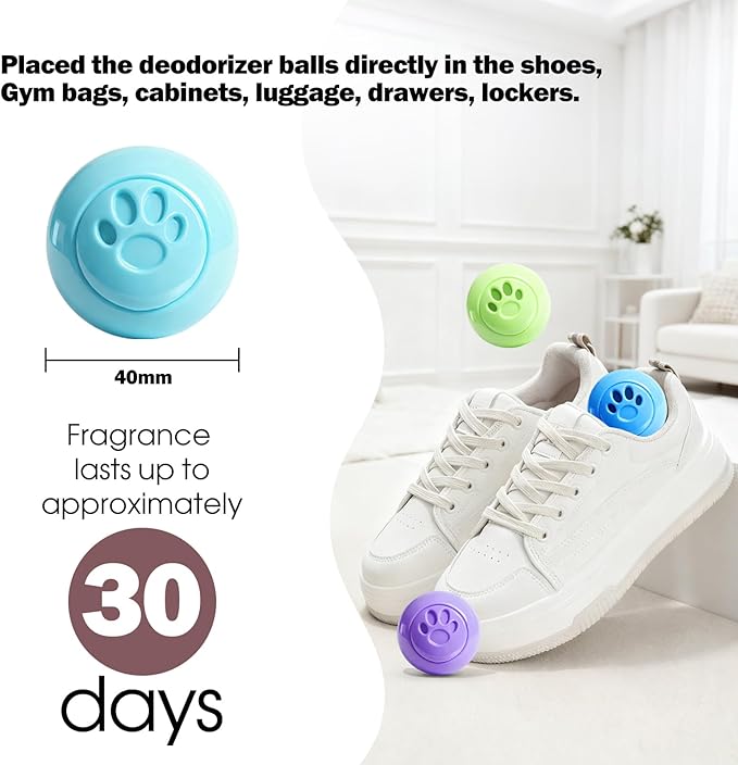 SCENTORINI Shoe Deodorizer Balls, 12 Pack Sneaker Deodorizer Balls, Odor Eliminator for Smell Shoes, Long Lasting Shoe Freshener for Gym Bags, Drawers and Small Spaces