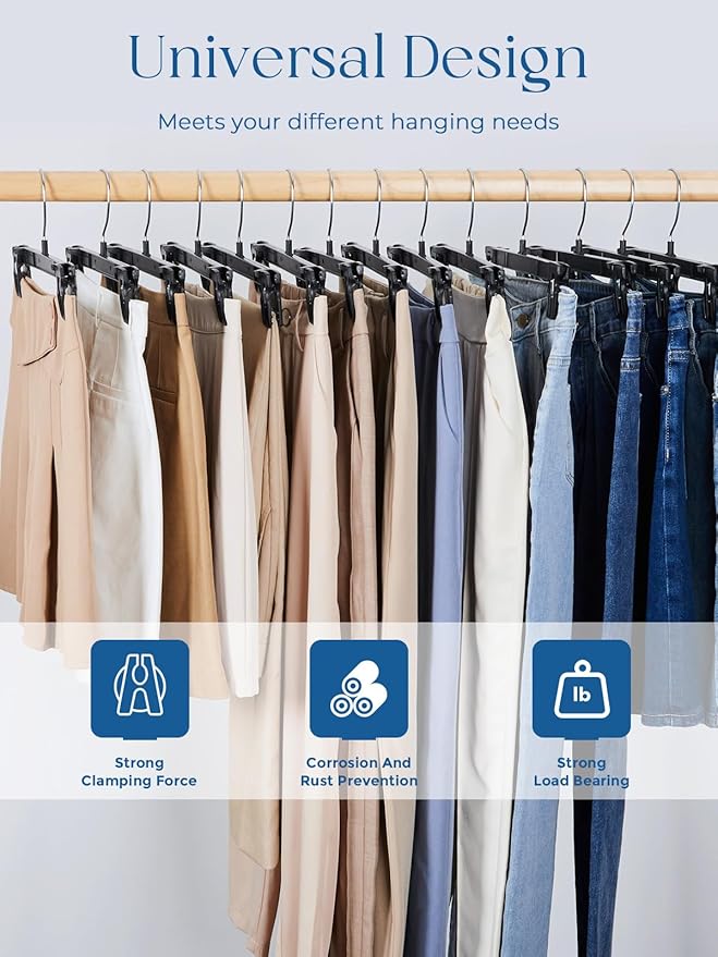 Smartor Space Saving Skirt Hangers - 90 Pack, Slim Plastic Pants and Shorts Hangers, Ridged Non-Slip with Pinch Clips, Black Clip Hangers for Women, 360-Rotating Chrome Swivel Hook, 12 Inches