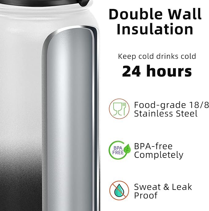Fanhaw 32 oz Insulated Stainless Steel Water Bottle with Anti-Dust Chug Lid, Leakproof Vacuum Sports Bottle for Men & Women (White Black)