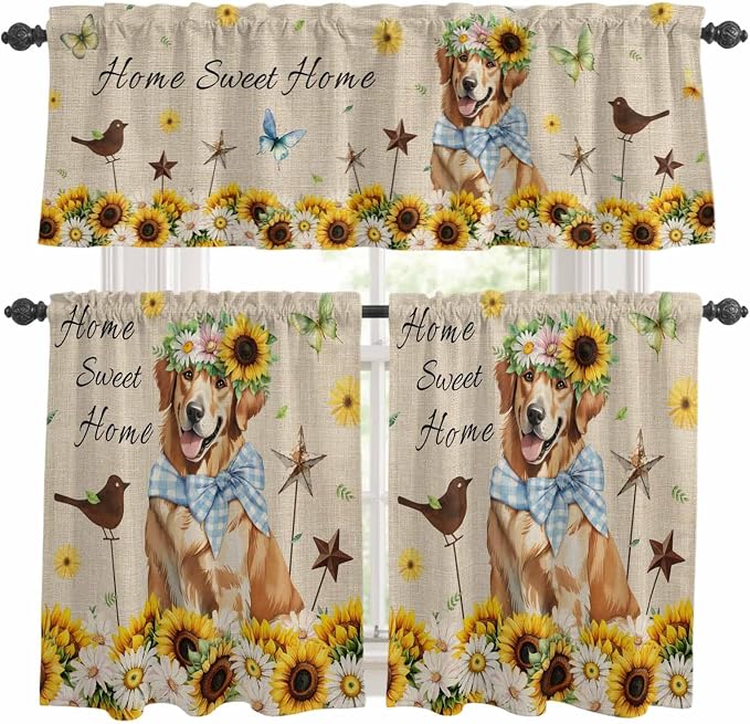 Kitchen Curtains Tiers and Valance Set of 3, Sunflowers Dog Light Filtering