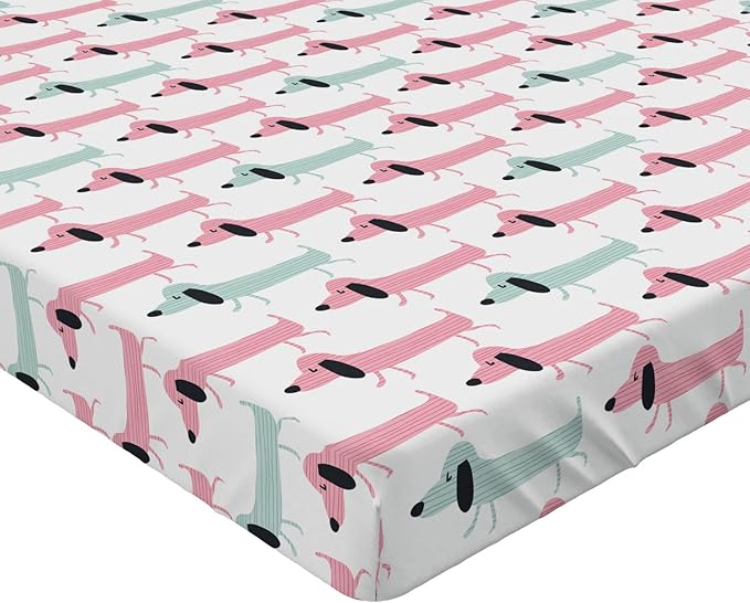 Ambesonne Dachshund 2 Pack Fitted Sheet, Funny Sausage Dogs, Bed Cover All-Round Elastic Deep Pockets 2 Pieces, Package Contains 2 Queen Size Fitted Sheets, Seafoam Pink