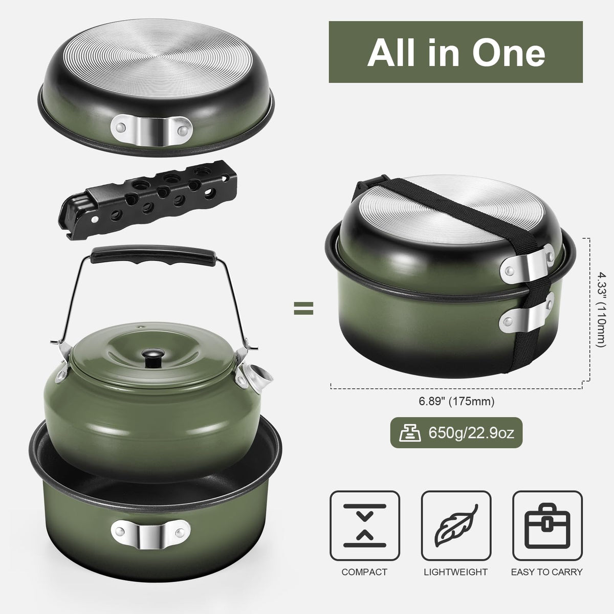 Odoland 5pcs Camping Cookware Non-Stick Camping Pot and Pan Set with Kettle and Removable Handle for Hiking Backpacking and Picnic(Green)