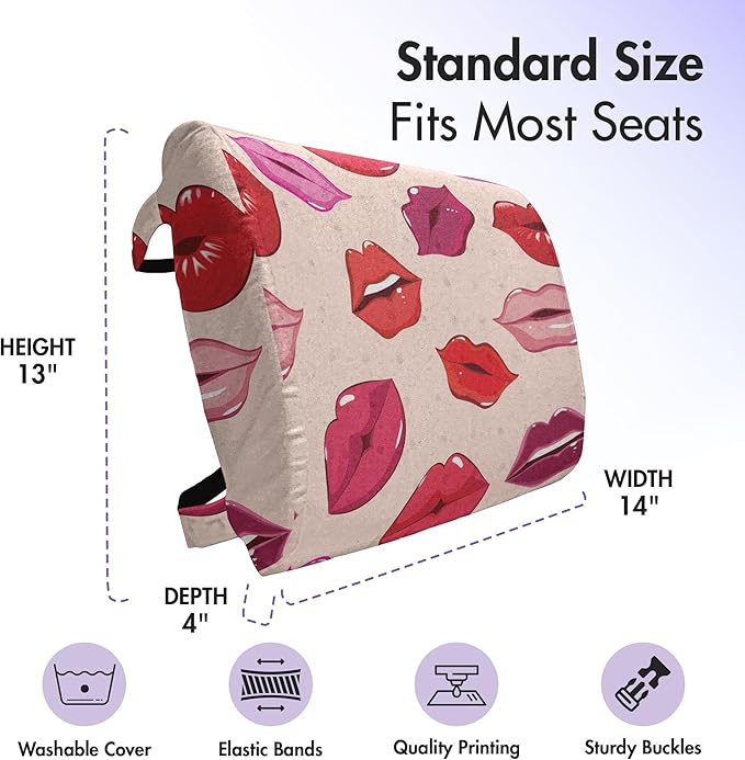 Ambesonne Kiss Lumbar Pillow, Repetitive Woman Lips in Warm Toned Listicks, Soft Back Cushion for Office Chairs with Adjustable Straps, 14" x 13", Rose Red