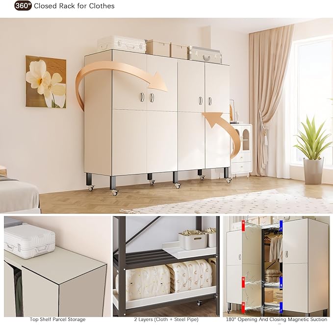 Foldable Portable Armoire Wardrobe Closet for Hanging Clothes Rack, Heavy Duty Covered Clothes Rack with Cover(HARDBOARD Magnetic), Closet Garment Rack for Bedroom Storage (KT Off-white, 66.14in)