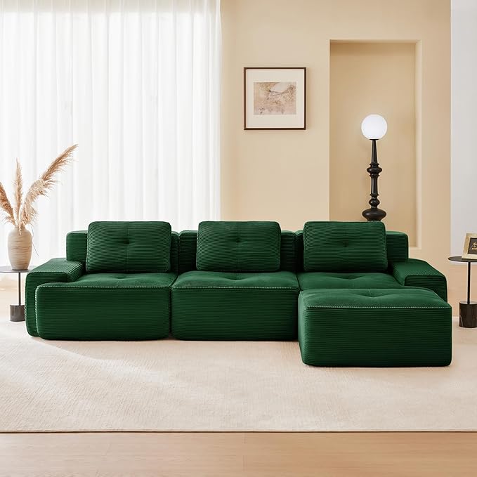 115" Modern Compressed Boneless Couch with Ottoman, 3 Seater Large L Shaped Sectional Couches for Living Room, Green Corduroy Cloud Modular Sectional Sofa, Memory Foam, Extra Deep, No Assembly