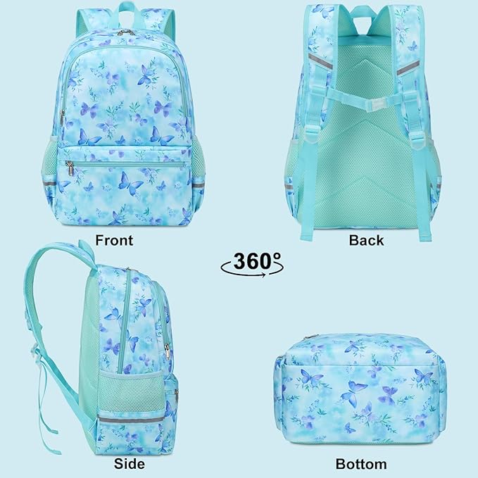 DSIUE Kids Backpack for Girls Elementary BookBags Teens Middle School Backpack with Lunch Box (Butterfly Green)