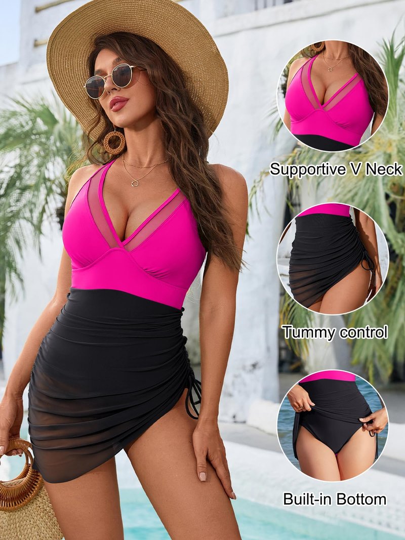 Blooming Jelly Women One Piece Swim Dress Tummy Control Swimsuits Slimming Sarong Wraps Bathing Suit (XL, Pink/Black)