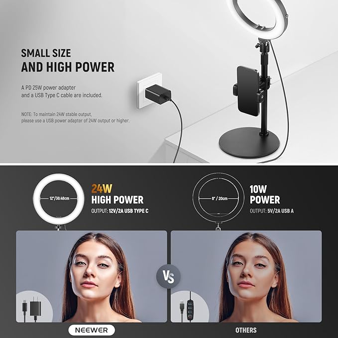 NEEWER 12" 24W High Power Desk Ring Light with Stand/Phone Holder, LED Selfie Video Conference Lighting for iPhone Streaming Makeup Vlog Recording Laptop Computer Webcam Zoom Call Podcast, RH12B